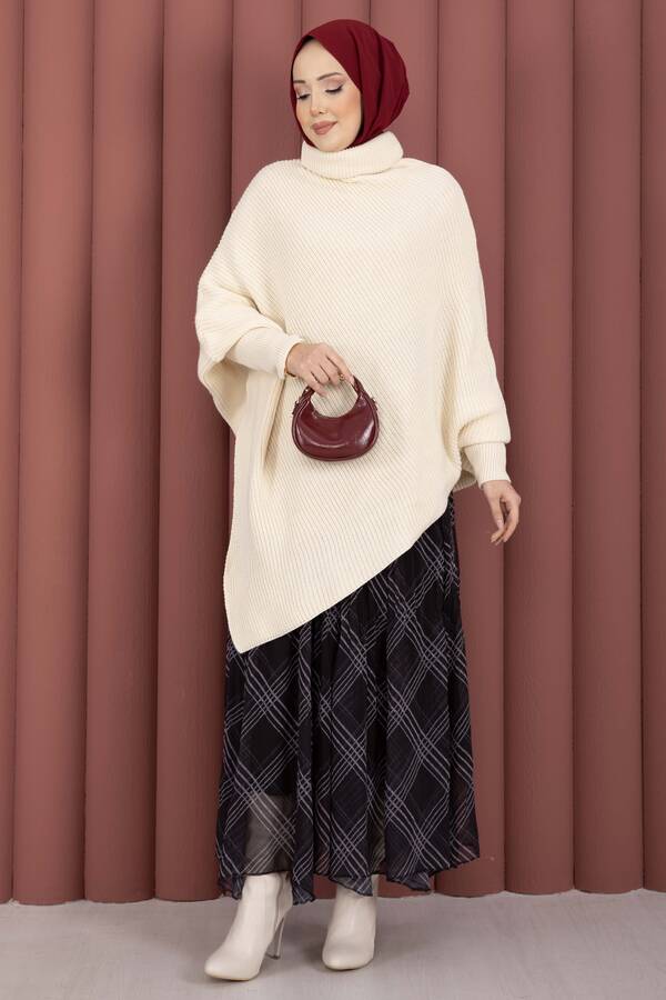 Mo - Balıkçı Yaka Asimetrik Triko Kazak Ekru