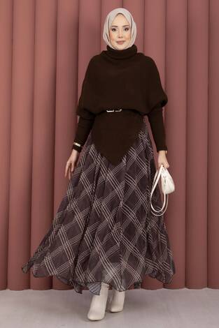 Balıkçı Yaka Asimetrik Triko Kazak Kahve - Thumbnail