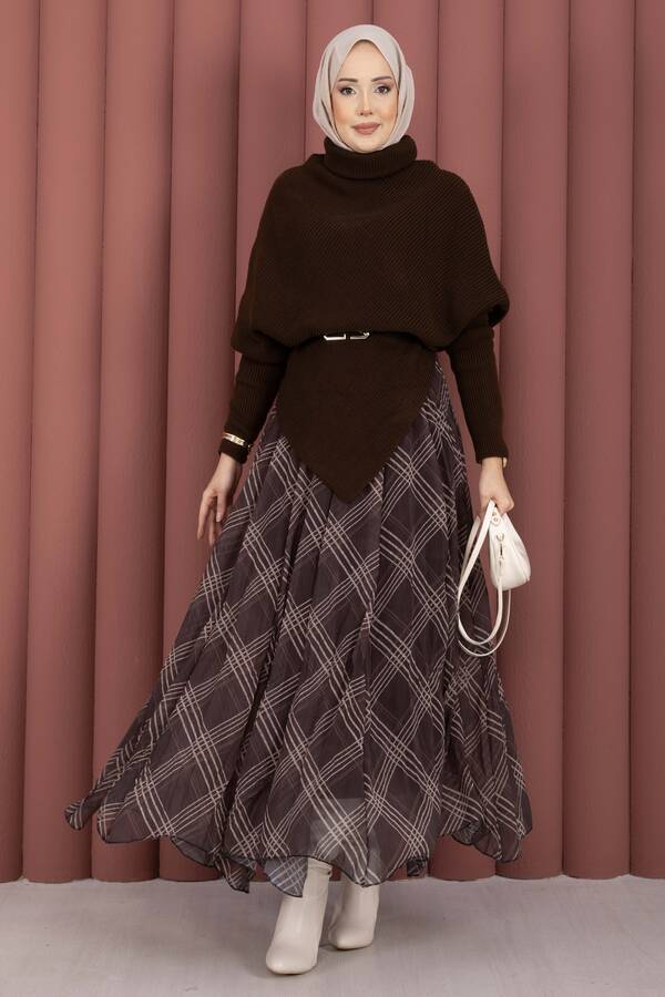 Mo - Balıkçı Yaka Asimetrik Triko Kazak Kahve