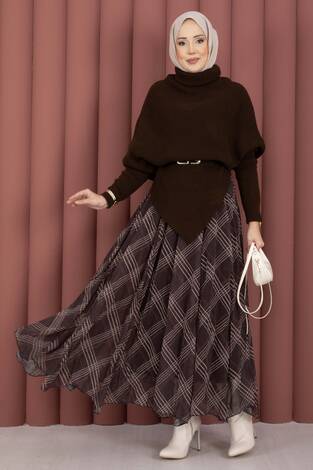 Balıkçı Yaka Asimetrik Triko Kazak Kahve - Thumbnail