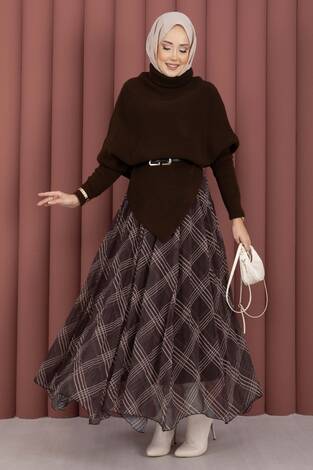 Balıkçı Yaka Asimetrik Triko Kazak Kahve - Thumbnail