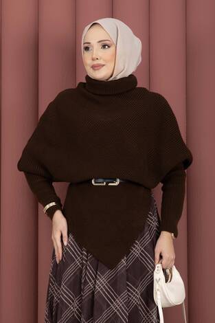 Balıkçı Yaka Asimetrik Triko Kazak Kahve - Thumbnail