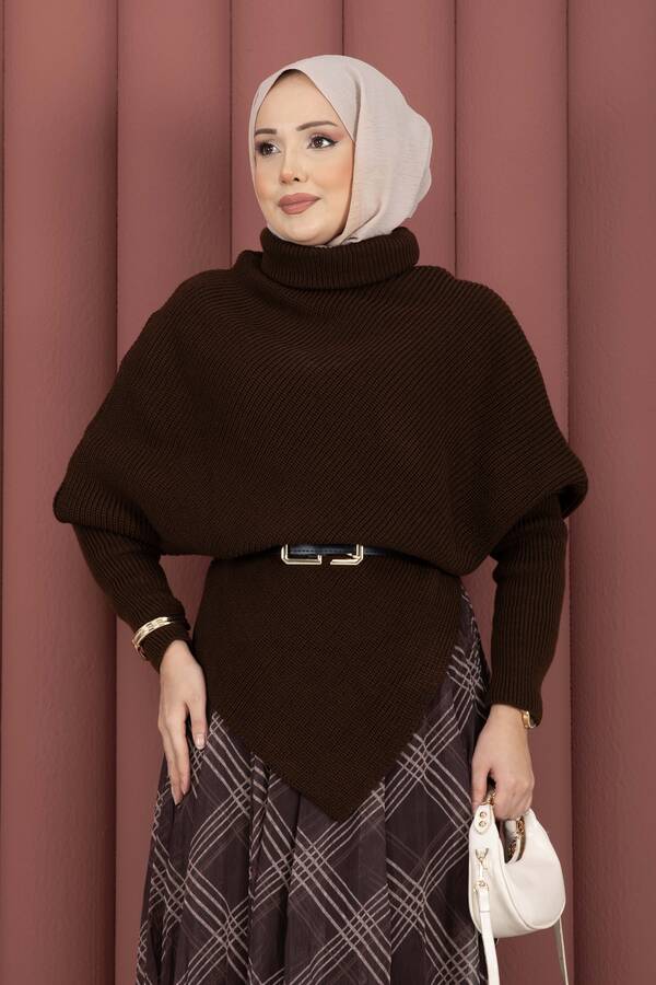 Mo - Balıkçı Yaka Asimetrik Triko Kazak Kahve (1)