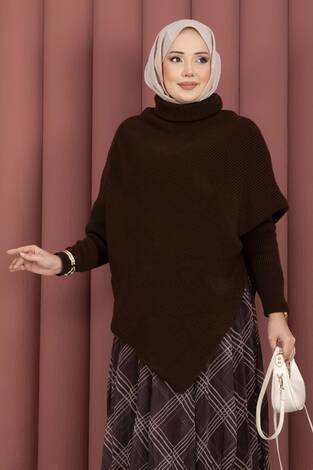 Balıkçı Yaka Asimetrik Triko Kazak Kahve - Thumbnail