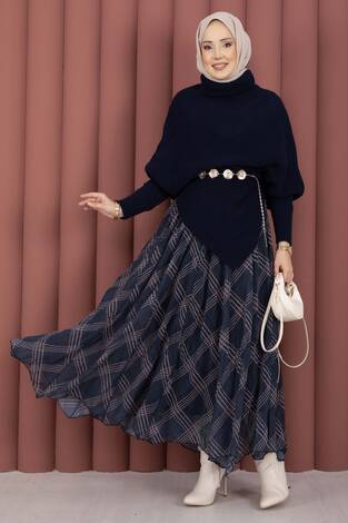 Balıkçı Yaka Asimetrik Triko Kazak Lacivert - Thumbnail