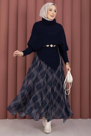 Balıkçı Yaka Asimetrik Triko Kazak Lacivert - Thumbnail