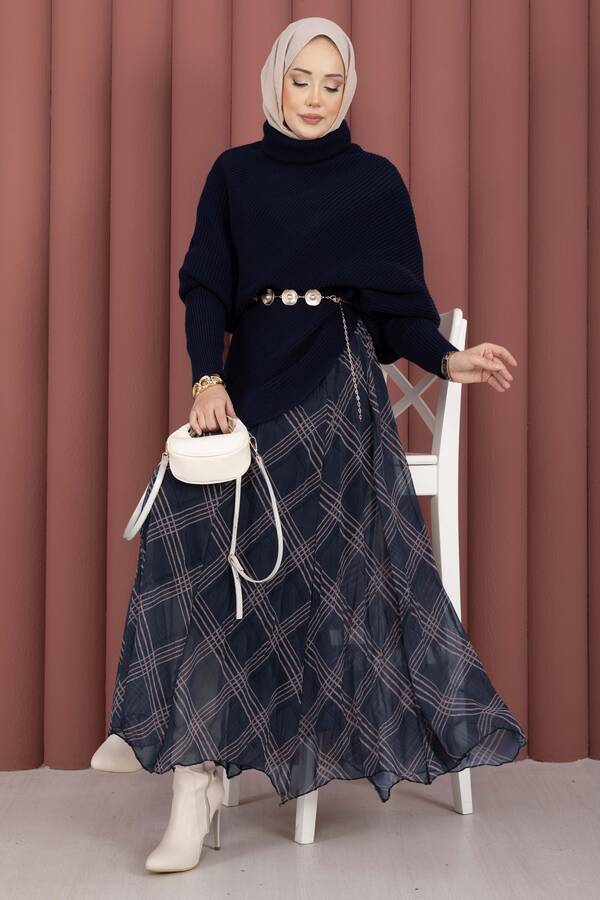 Mo - Balıkçı Yaka Asimetrik Triko Kazak Lacivert