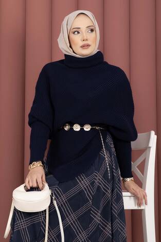 Balıkçı Yaka Asimetrik Triko Kazak Lacivert - Thumbnail