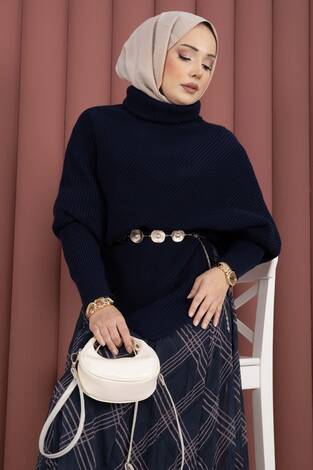 Balıkçı Yaka Asimetrik Triko Kazak Lacivert - Thumbnail