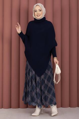 Balıkçı Yaka Asimetrik Triko Kazak Lacivert - Thumbnail