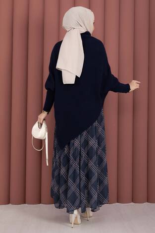 Balıkçı Yaka Asimetrik Triko Kazak Lacivert - Thumbnail