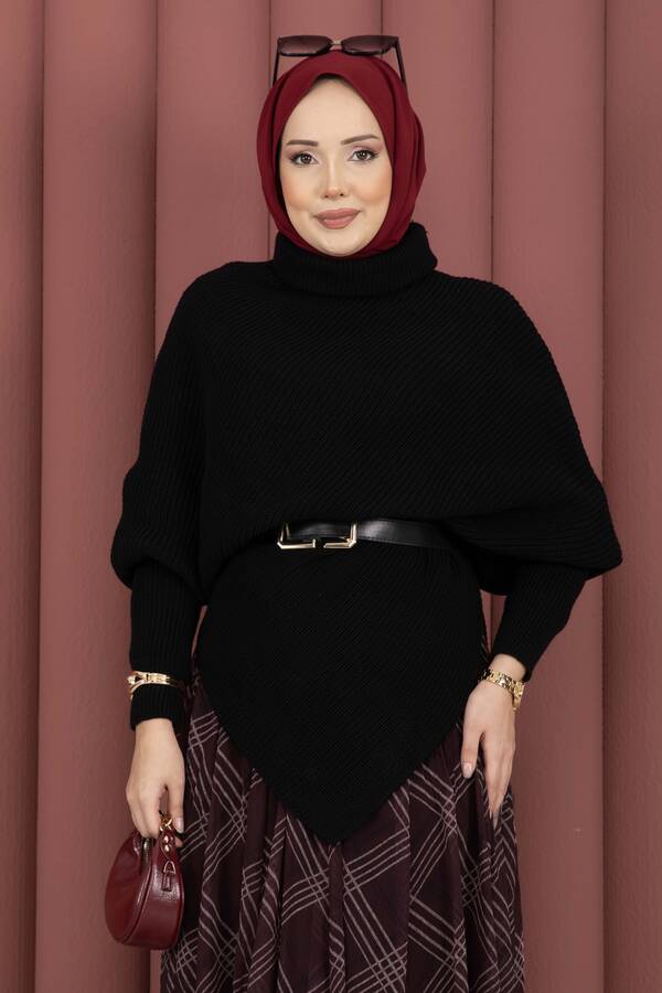 Mo - Balıkçı Yaka Asimetrik Triko Kazak Siyah (1)