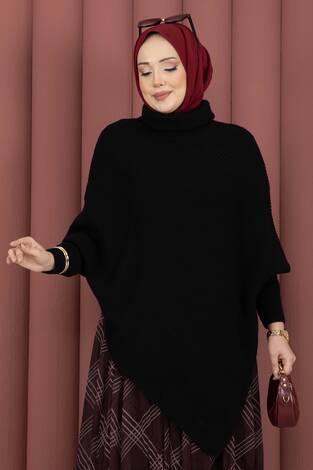 Balıkçı Yaka Asimetrik Triko Kazak Siyah - Thumbnail