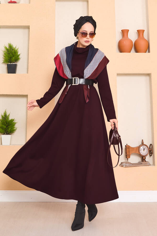 Balıkçı Yaka Beli Büzgülü Tesettür Elbise Bordo Balıkçı Yaka Beli Büzgülü Tesettür Elbise Bordo