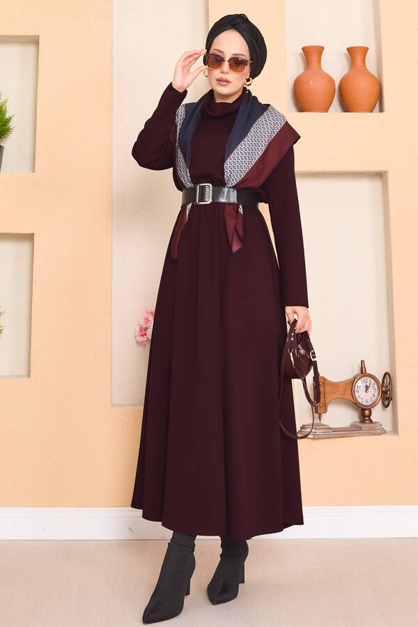 Balıkçı Yaka Beli Büzgülü Tesettür Elbise Bordo - 3