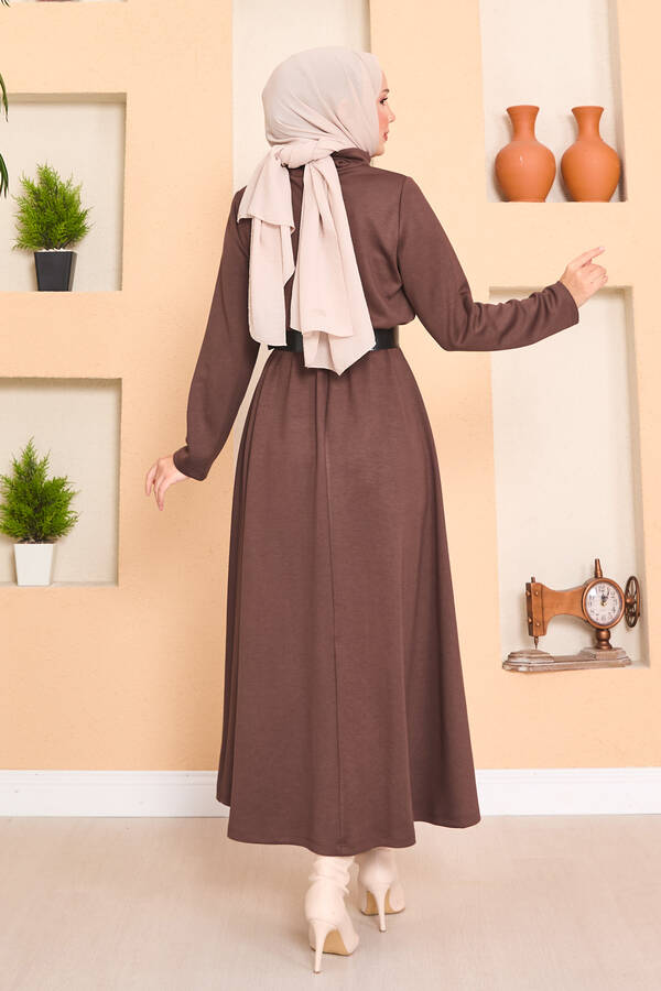 Balıkçı Yaka Beli Büzgülü Tesettür Elbise Kahve - 6