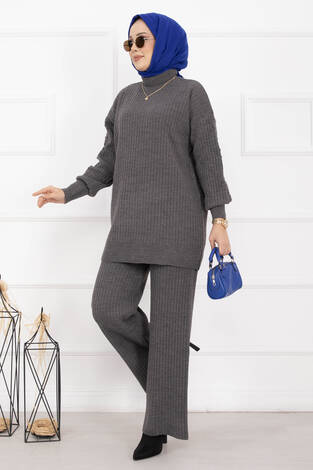 Balıkçı Yaka Fitilli Triko İkili Takım Antrasit - Thumbnail