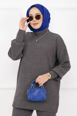 Balıkçı Yaka Fitilli Triko İkili Takım Antrasit - Thumbnail