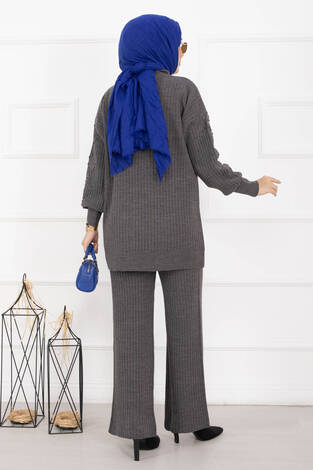 Balıkçı Yaka Fitilli Triko İkili Takım Antrasit - Thumbnail