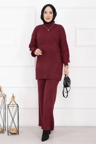 Balıkçı Yaka Fitilli Triko İkili Takım Bordo - Thumbnail