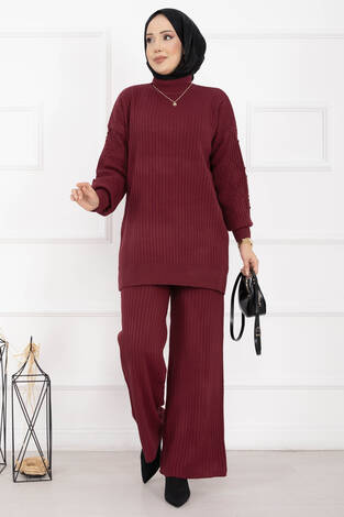 Balıkçı Yaka Fitilli Triko İkili Takım Bordo - Thumbnail