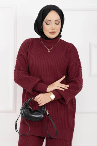 Balıkçı Yaka Fitilli Triko İkili Takım Bordo - Thumbnail