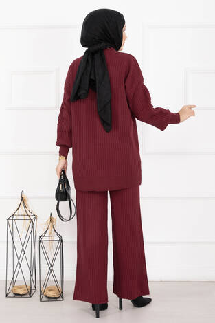 Balıkçı Yaka Fitilli Triko İkili Takım Bordo - Thumbnail