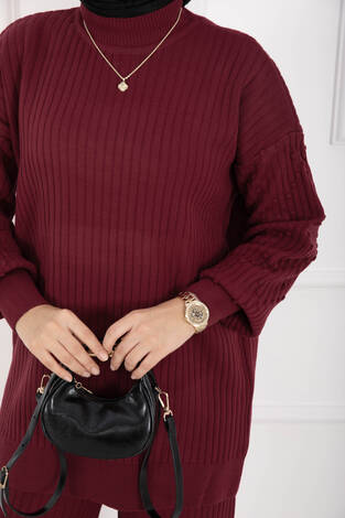 Balıkçı Yaka Fitilli Triko İkili Takım Bordo - Thumbnail