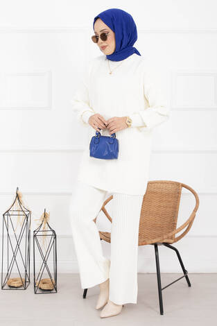 Balıkçı Yaka Fitilli Triko İkili Takım Ekru - Thumbnail