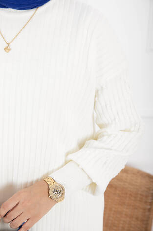 Balıkçı Yaka Fitilli Triko İkili Takım Ekru - Thumbnail