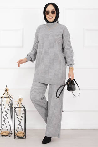 Balıkçı Yaka Fitilli Triko İkili Takım Gri