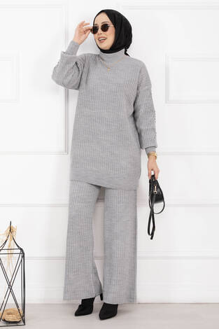 Balıkçı Yaka Fitilli Triko İkili Takım Gri - Thumbnail