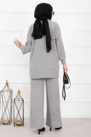 Balıkçı Yaka Fitilli Triko İkili Takım Gri - Thumbnail