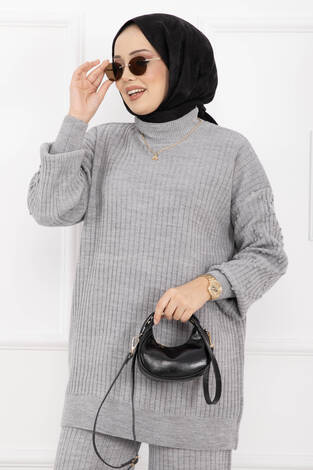 Balıkçı Yaka Fitilli Triko İkili Takım Gri - Thumbnail