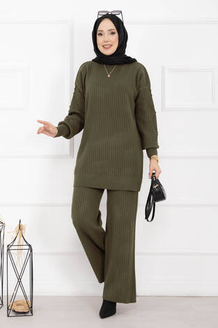 Balıkçı Yaka Fitilli Triko İkili Takım Haki