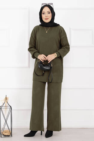 Balıkçı Yaka Fitilli Triko İkili Takım Haki - Thumbnail