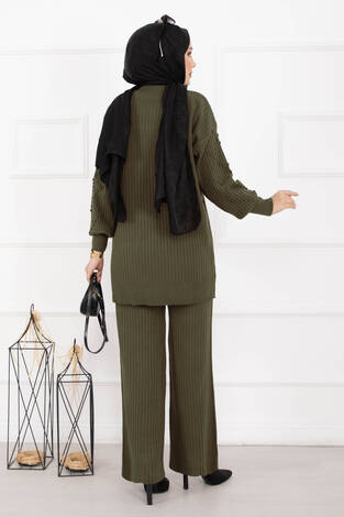 Balıkçı Yaka Fitilli Triko İkili Takım Haki - Thumbnail