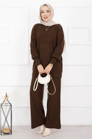 Balıkçı Yaka Fitilli Triko İkili Takım Kahve