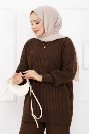 Balıkçı Yaka Fitilli Triko İkili Takım Kahve - Thumbnail