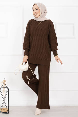 Balıkçı Yaka Fitilli Triko İkili Takım Kahve - Thumbnail