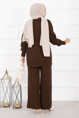 Balıkçı Yaka Fitilli Triko İkili Takım Kahve - Thumbnail