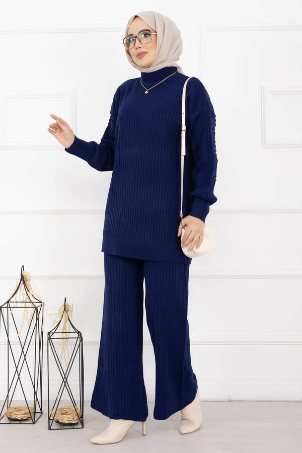 RAF - Balıkçı Yaka Fitilli Triko İkili Takım Saks