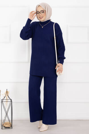 Balıkçı Yaka Fitilli Triko İkili Takım Saks - Thumbnail