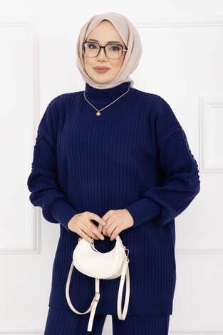 Balıkçı Yaka Fitilli Triko İkili Takım Saks - Thumbnail