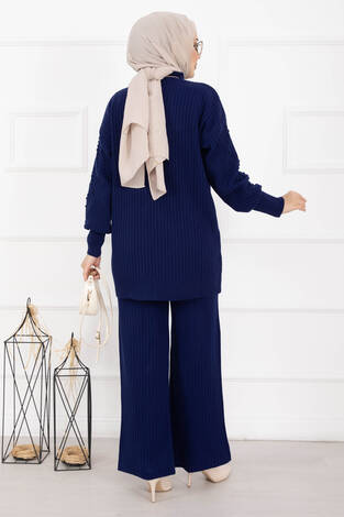 Balıkçı Yaka Fitilli Triko İkili Takım Saks - Thumbnail