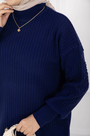 Balıkçı Yaka Fitilli Triko İkili Takım Saks - Thumbnail