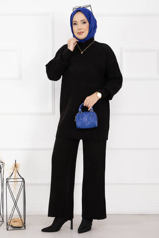 Balıkçı Yaka Fitilli Triko İkili Takım Siyah - Thumbnail