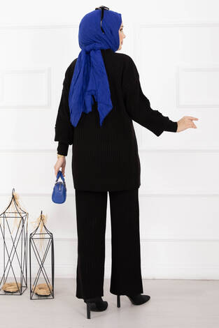 Balıkçı Yaka Fitilli Triko İkili Takım Siyah - Thumbnail