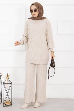 Balıkçı Yaka Fitilli Triko İkili Takım Taş