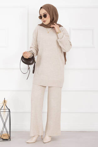 Balıkçı Yaka Fitilli Triko İkili Takım Taş - Thumbnail